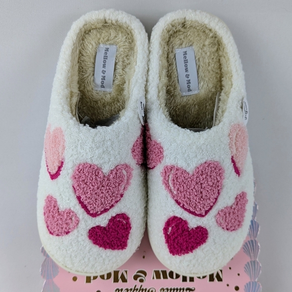 Hearts Slippers Sherpa Upper Fleece Memory Foam Slip On Ivory Pink M (7/8) NWT - Picture 1 of 12